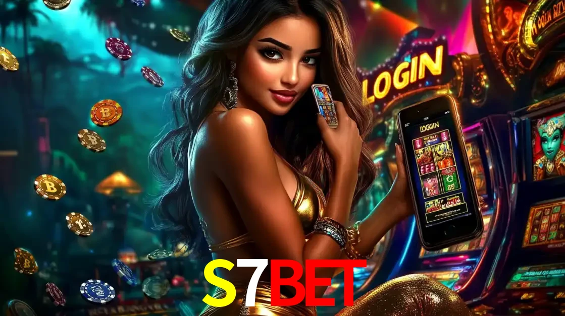 Mulher em um cenário de cassino temático de aventura, mostrando o app de caça-níqueis da S7BET no celular. Fichas de apostas flutuam ao redor.