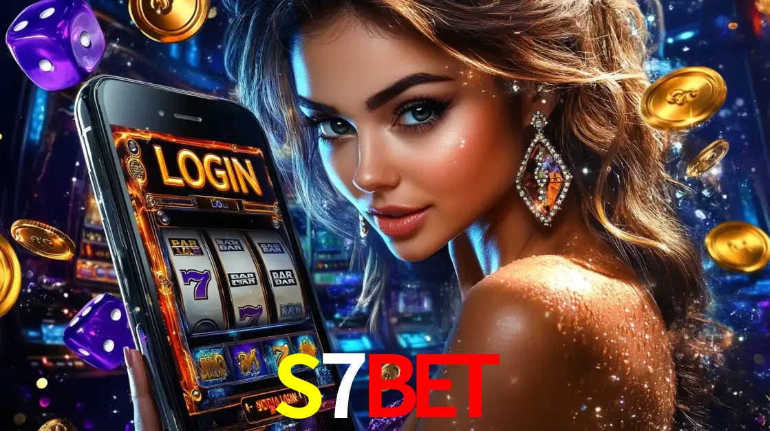 Mulher glamorosa segurando um smartphone com a tela de login para os jogos de caça-níqueis do cassino online S7BET, com moedas de ouro e dados ao redor.