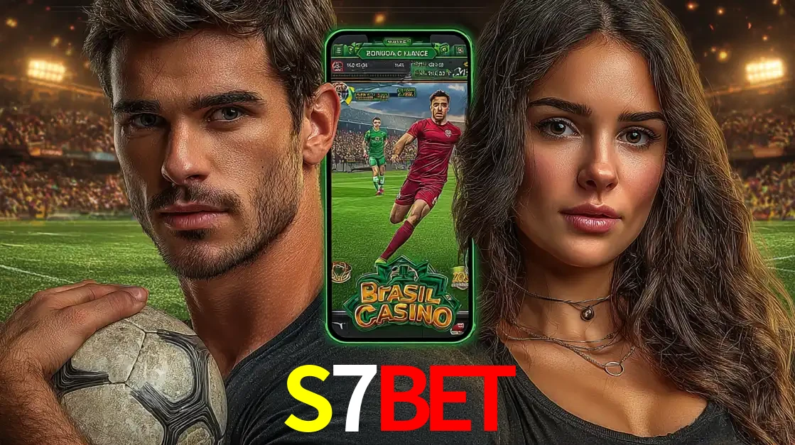 Homem segurando uma bola de futebol e uma mulher ao lado de um smartphone exibindo o jogo de apostas esportivas da S7BET. Faça seu palpite no cassino online.